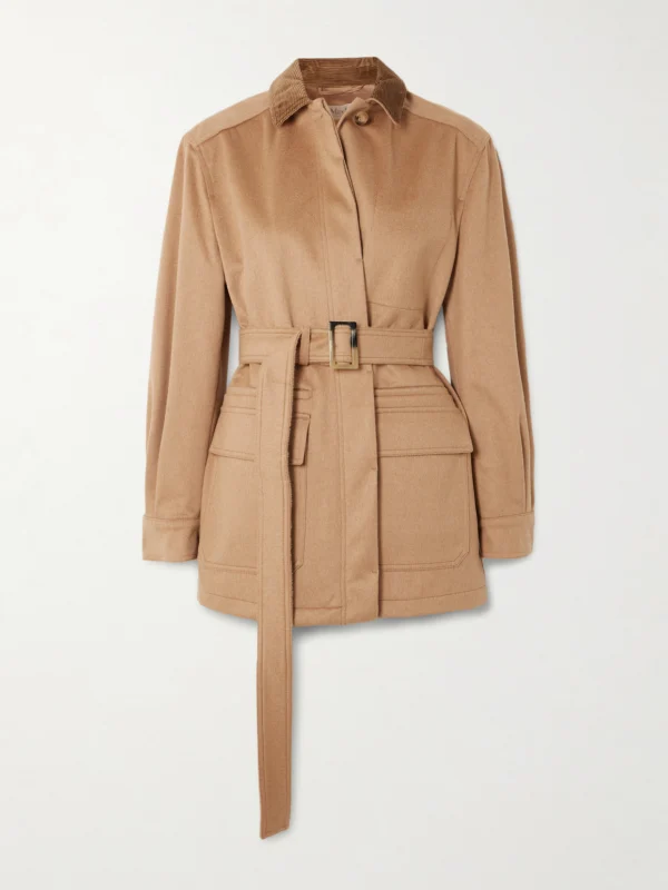 Max Mara Leva Belted Corduroy-trimmed Camel Hair Jacket