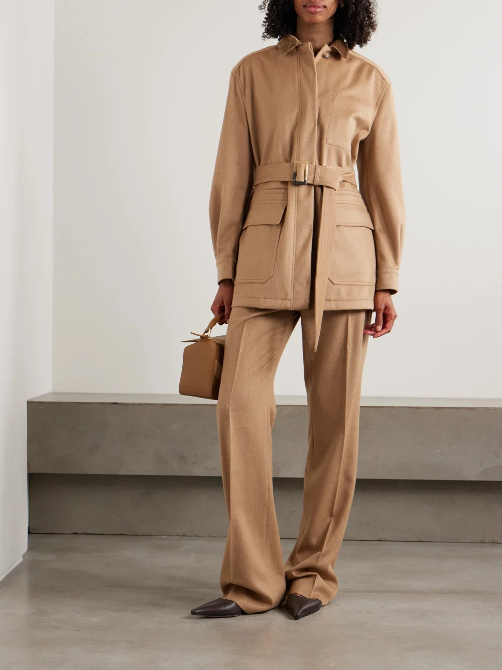 Max Mara Leva Belted Corduroy-trimmed Camel Hair Jacket, worn by a model