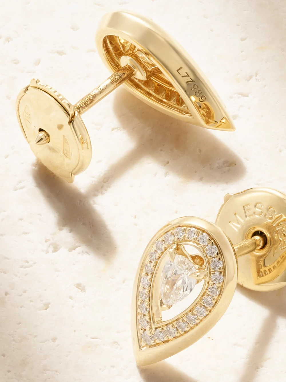 Close-up detail of the Messika Fiery 18-karat Gold Diamond Earrings