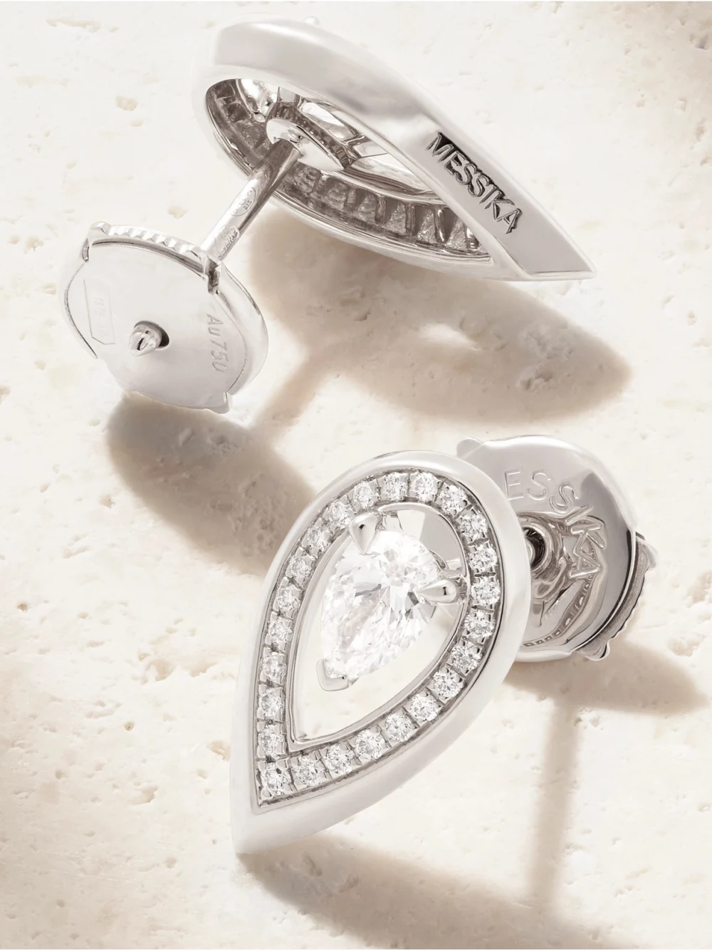 Close-up detail of the Messika Firey 18-karat White Gold Diamond Earrings
