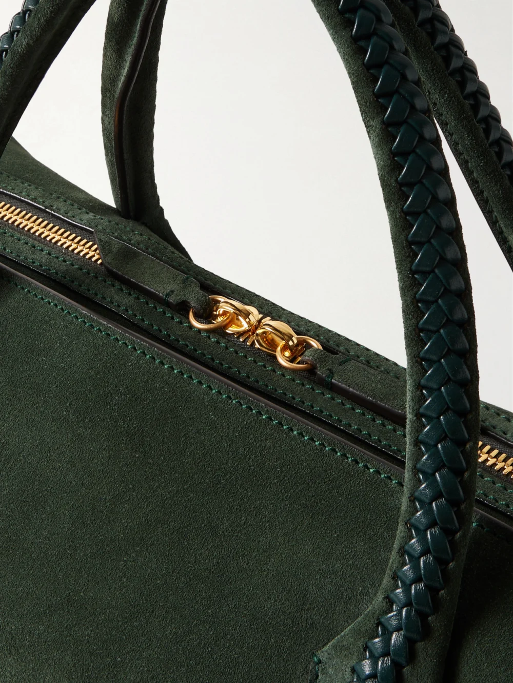 Close-up detail of the Métier Vérité City Medium Braided Leather-trimmed Suede Tote