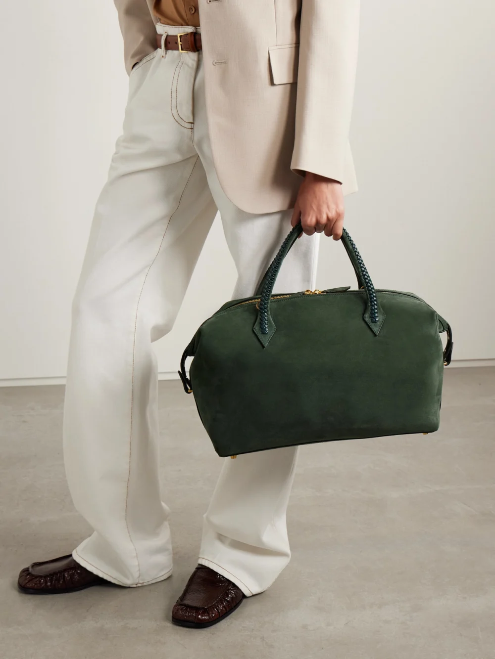 Métier Vérité City Medium Braided Leather-trimmed Suede Tote, styled view