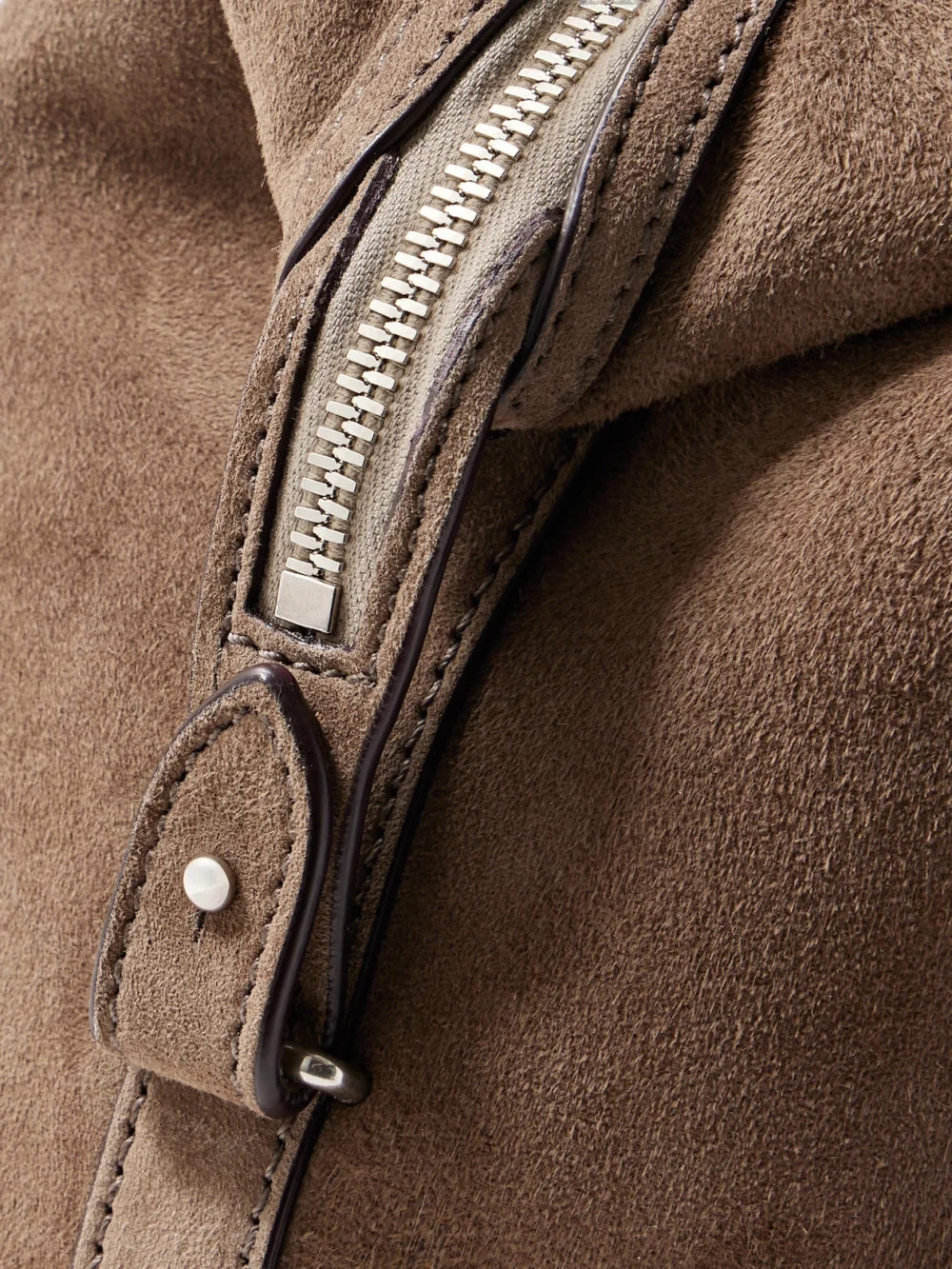 Close-up detail of the Métier Vérité City Medium Braided Leather-trimmed Suede Tote