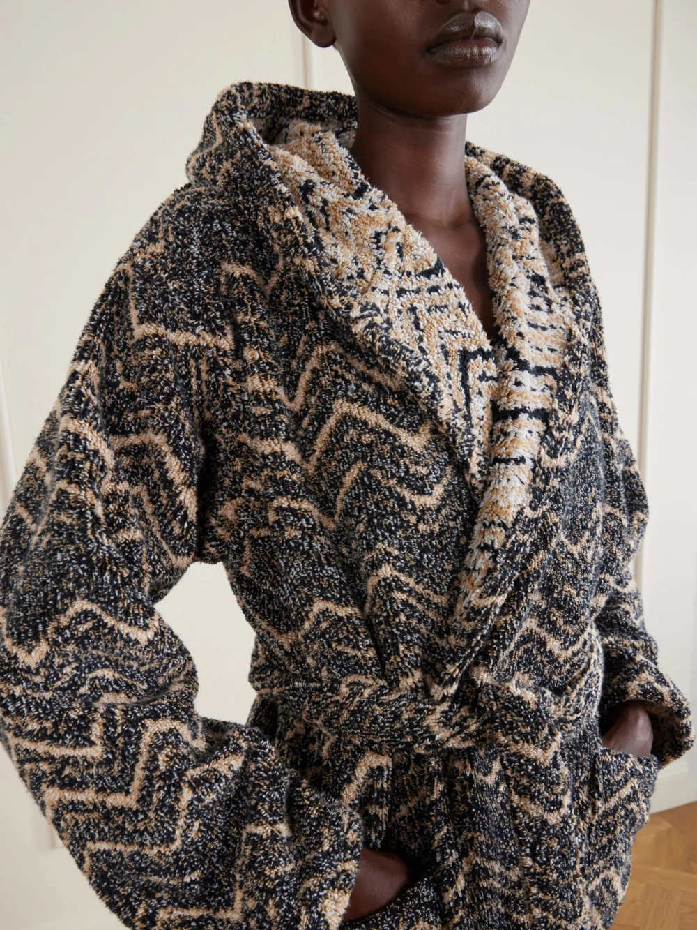 Close-up detail of the Missoni Home Azul Striped Hooded Cotton-terry Robe
