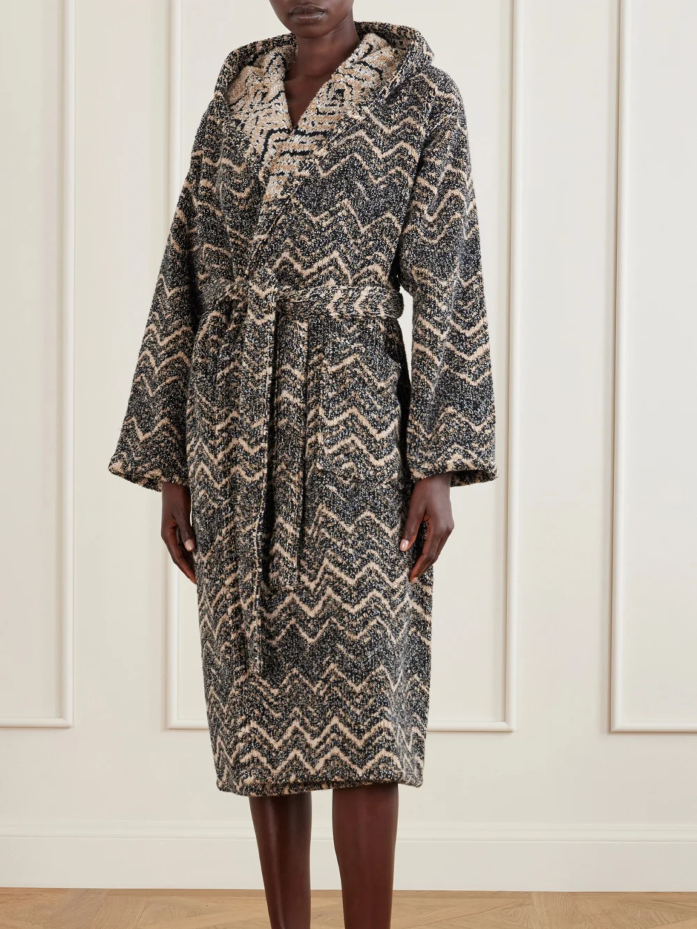 Missoni Home Azul Striped Hooded Cotton-terry Robe, worn by a model