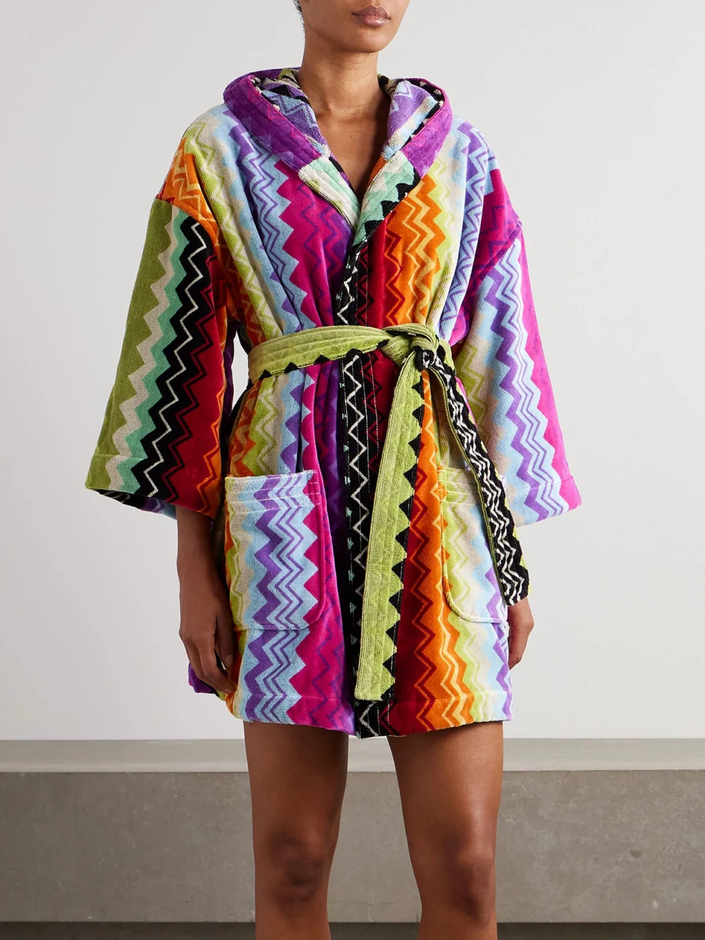 Missoni Home Giacomo Belted Striped Cotton-terry Robe, worn by a model