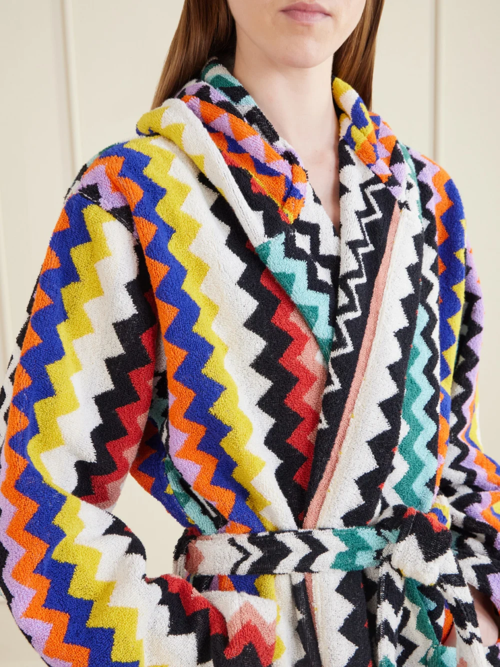 Close-up detail of the Missoni Home Hooded Striped Cotton-terry Robe