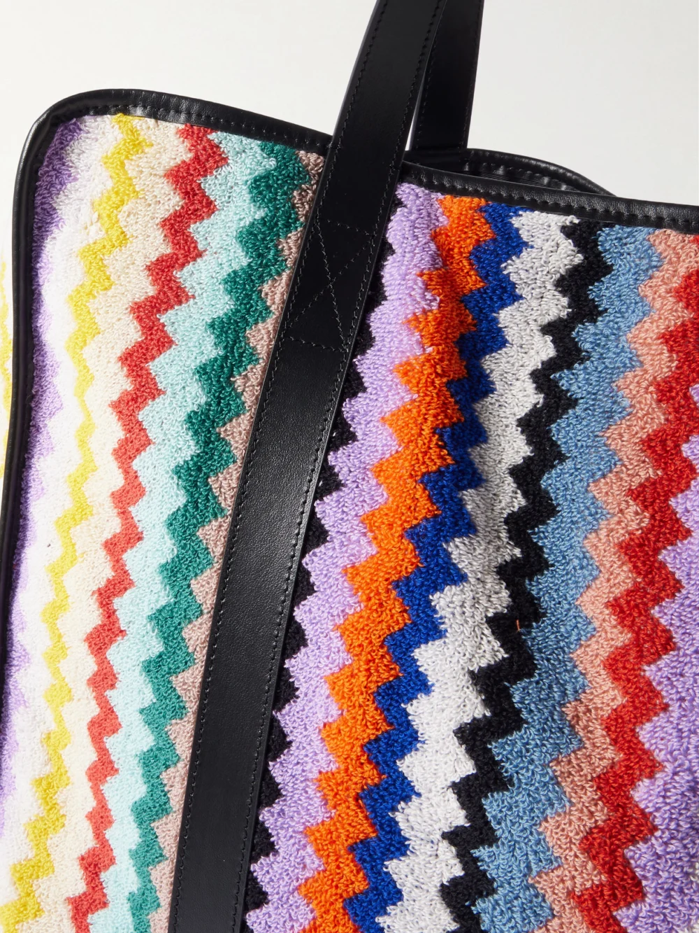 Close-up detail of the Missoni Home Riverbero Leather-trimmed Striped Cotton-terry Tote