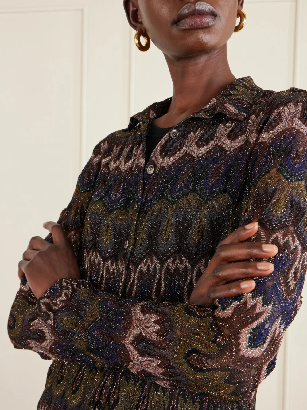 Close-up detail of the Missoni Metallic Crochet-knit Cardigan
