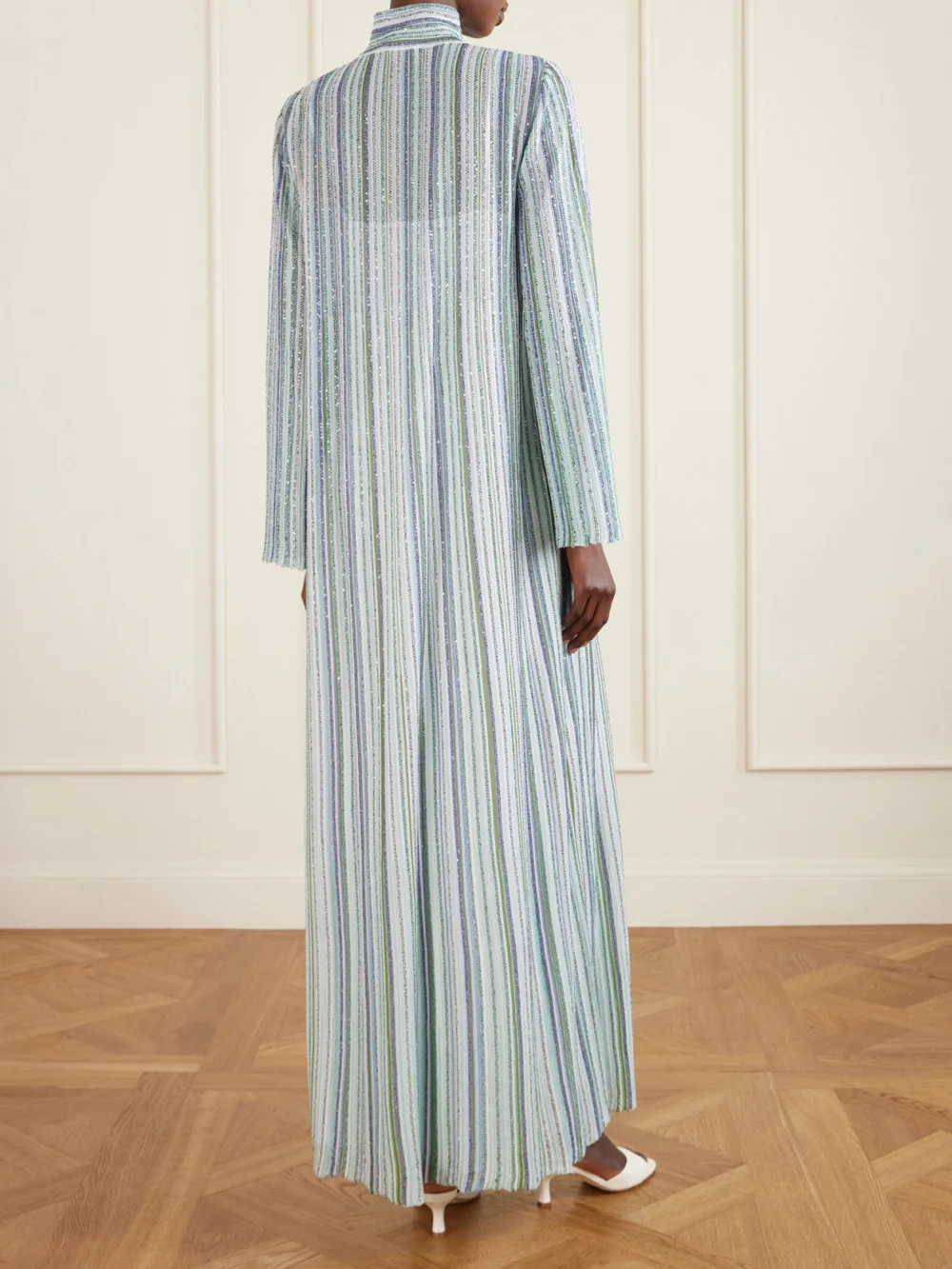 Back view of the Missoni Sequin-embellished Striped Metallic Crochet-knit Turtleneck Maxi Dress