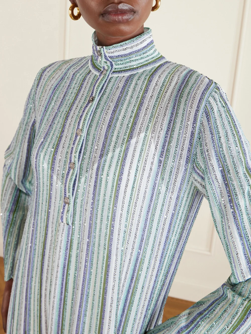 Close-up detail of the Missoni Sequin-embellished Striped Metallic Crochet-knit Turtleneck Maxi Dress