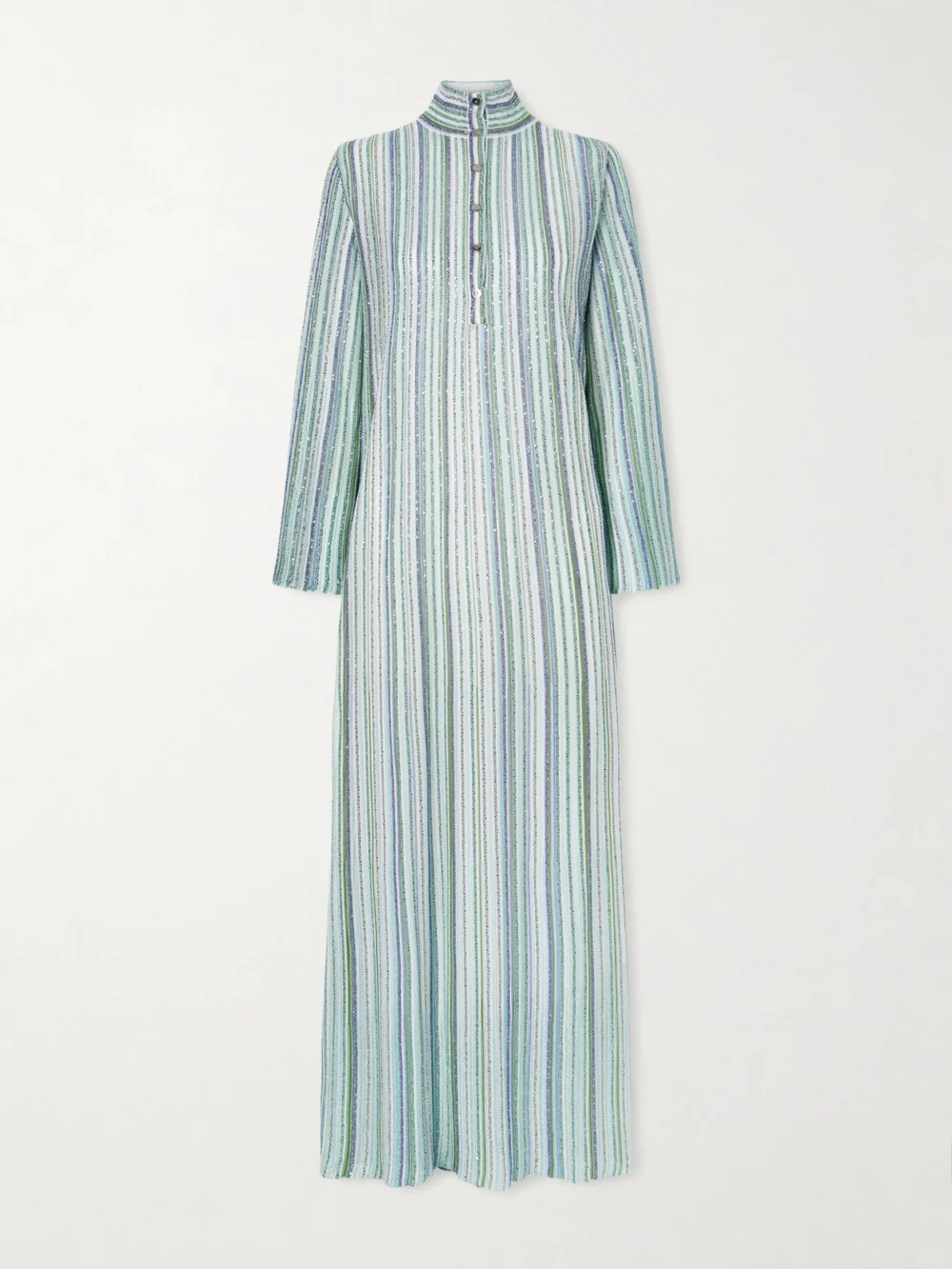 Missoni Sequin-embellished Striped Metallic Crochet-knit Turtleneck Maxi Dress in light blue