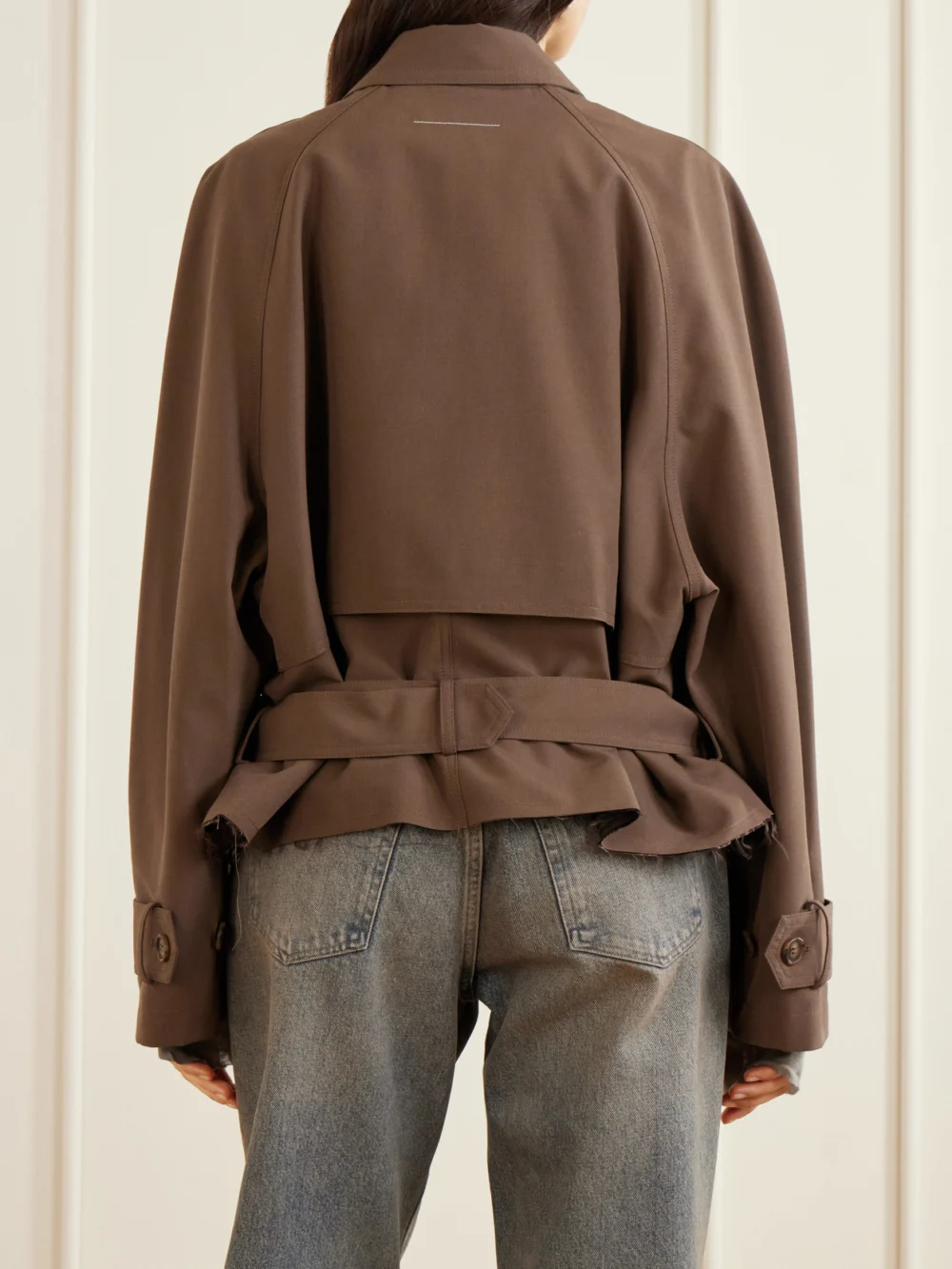 Back view of the MM6 Maison Margiela Belted Distressed Gabardine Jacket