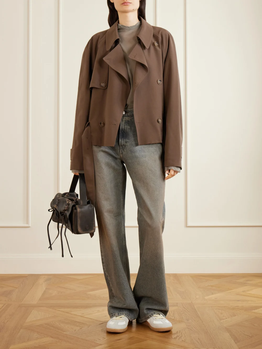 MM6 Maison Margiela Belted Distressed Gabardine Jacket, worn by a model