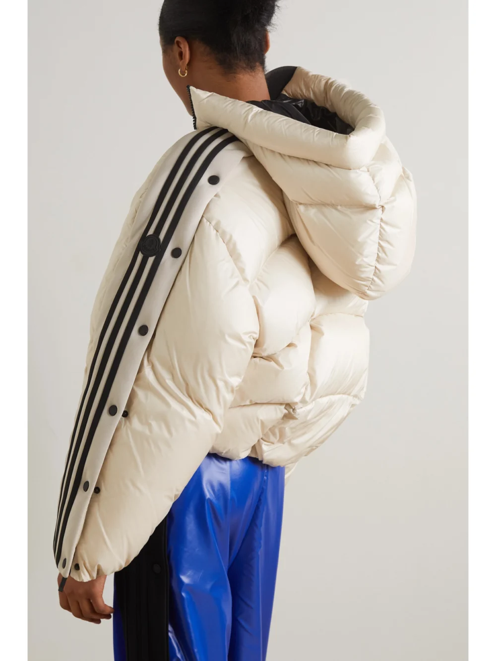 Back view of the Moncler Genius + Adidas Originals Cropped Hooded Striped Quilted Shell Down Jacket