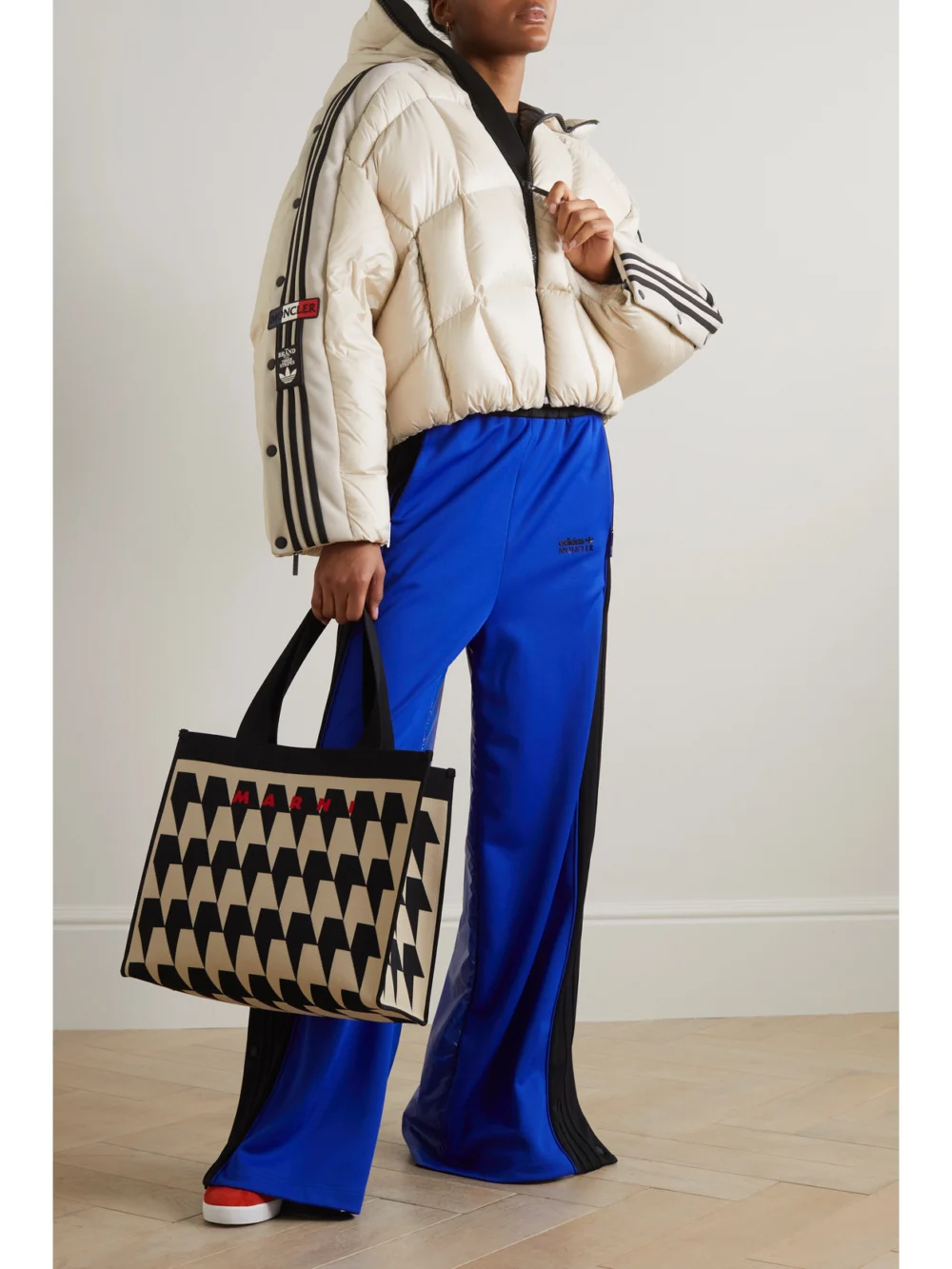 Moncler Genius + Adidas Originals Cropped Hooded Striped Quilted Shell Down Jacket, worn by a model