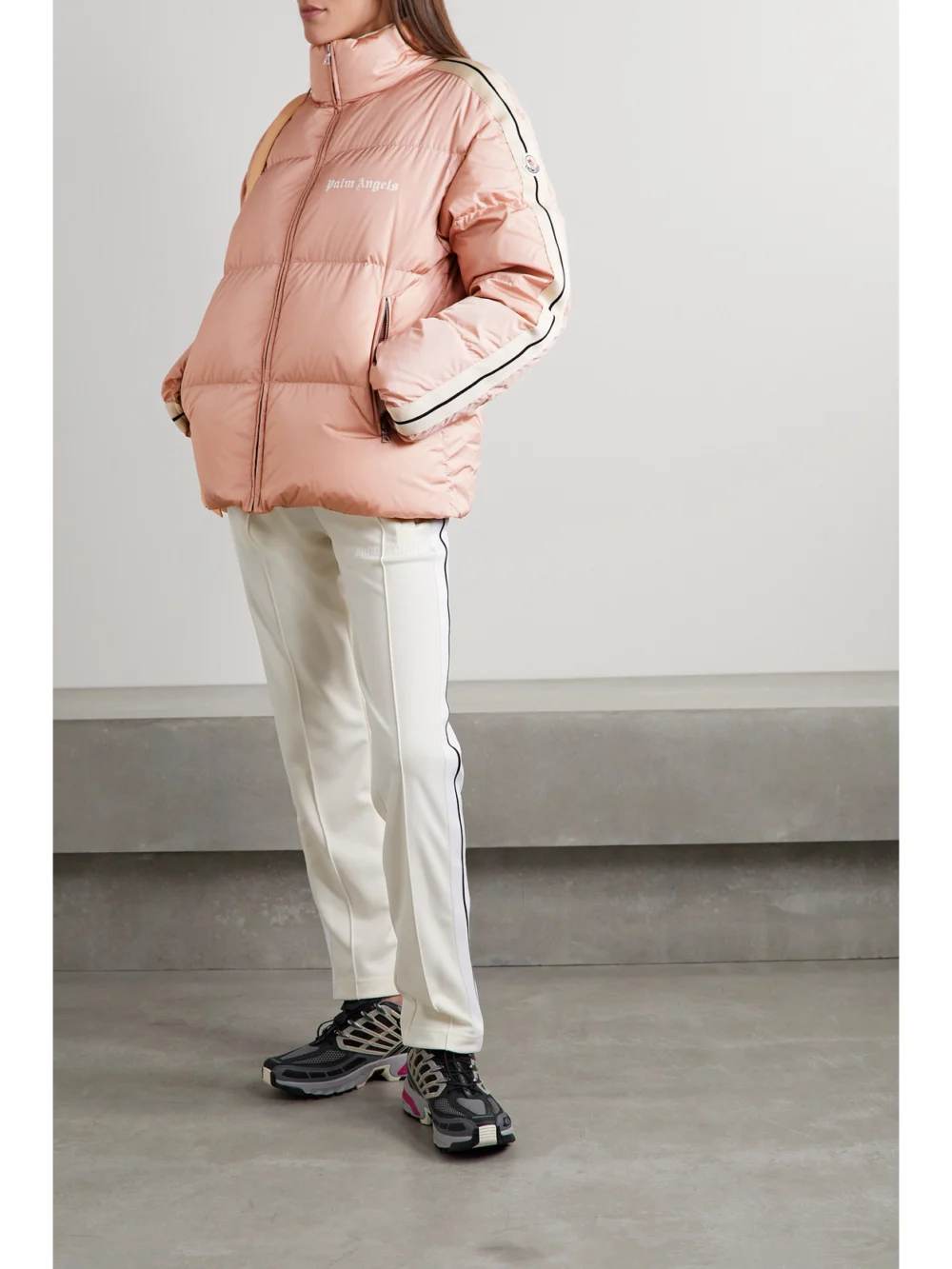 Moncler Genius + Palm Angels Rodman Striped Quilted Shell Down Jacket, worn by a model