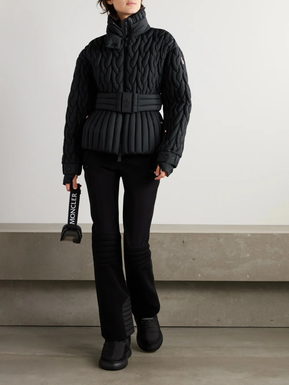 Moncler Grenoble Maipo Appliquéd Belted Quilted Padded Shell Down Ski Jacket, worn by a model