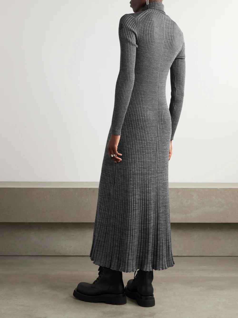 Back view of the Moncler Ribbed Wool Turleneck Midi Dress