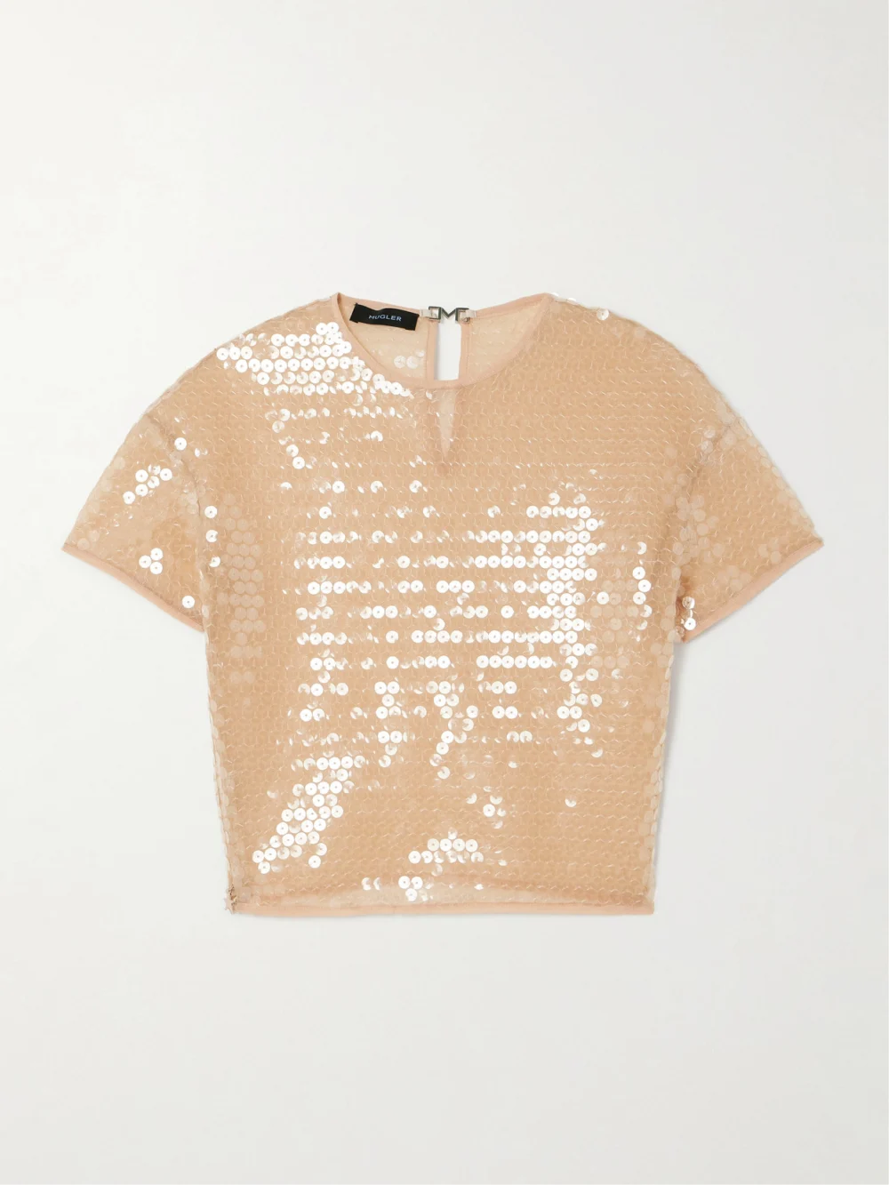 Mugler Cropped Sequined Stretch-tulle Top in tan