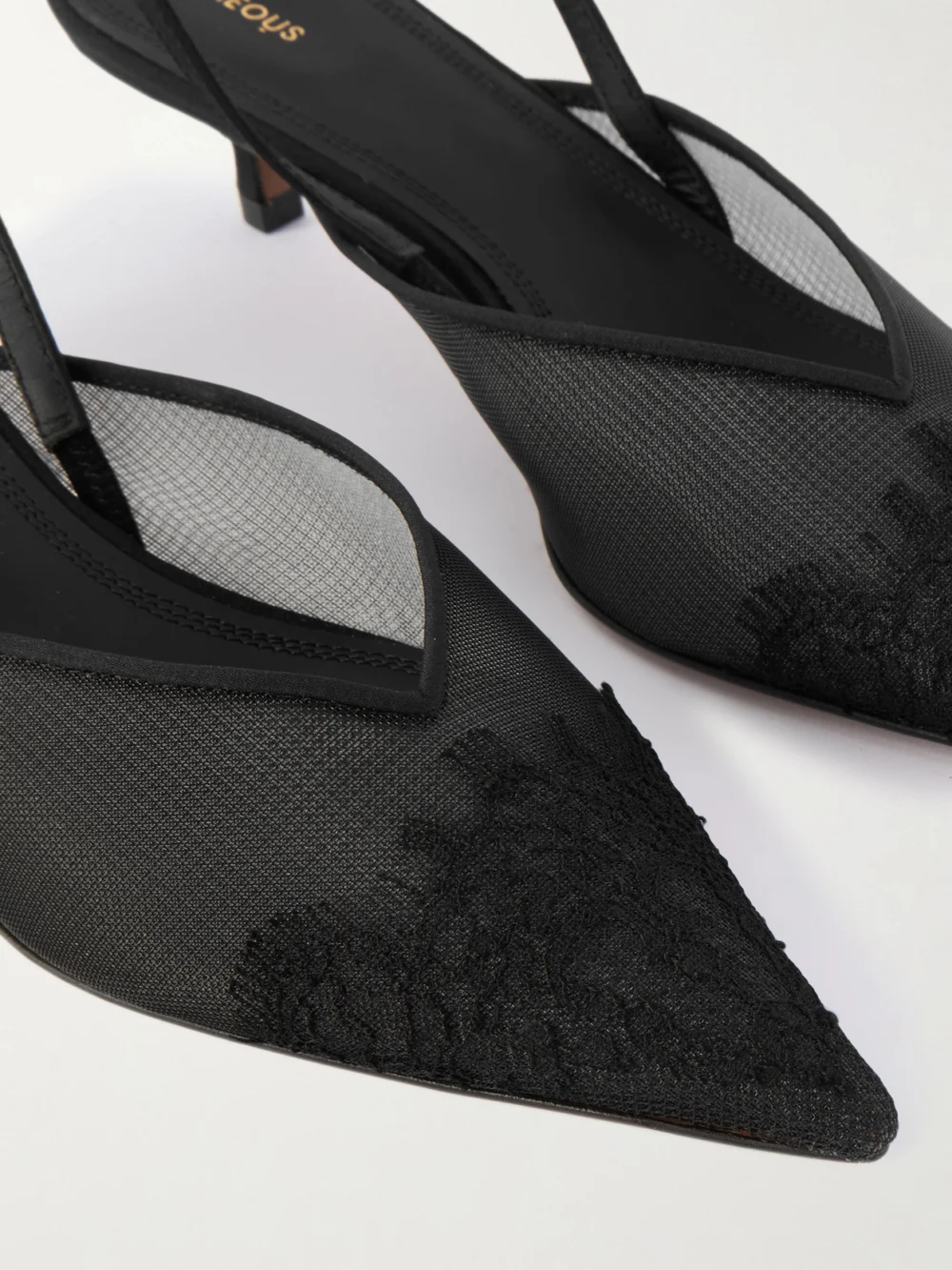 Close-up detail of the Neous Irena Lace and Satin-trimmed Mesh Slingback Pumps