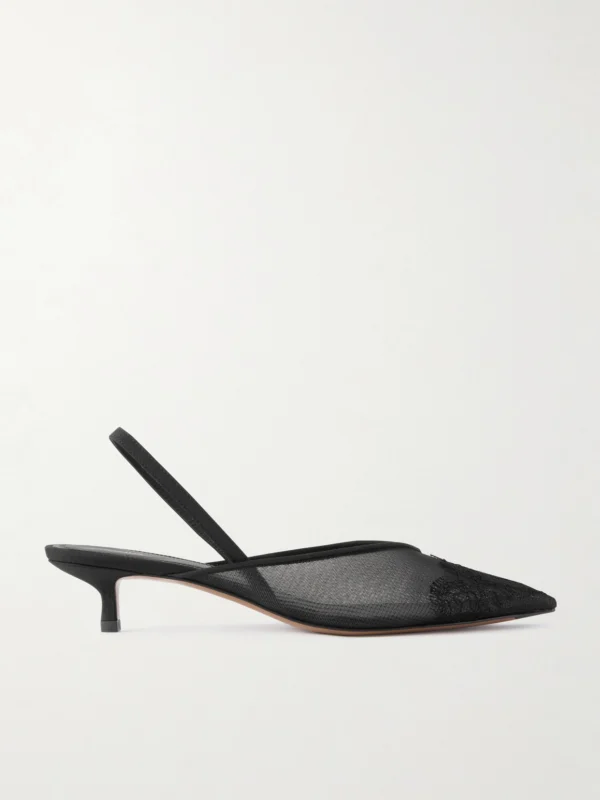 Neous Irena Lace and Satin-trimmed Mesh Slingback Pumps