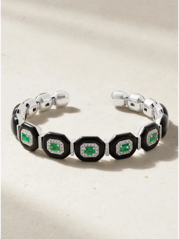 Nikos Koulis Oui 18-karat White Gold, Emerald, Diamond and Enamel Bangle