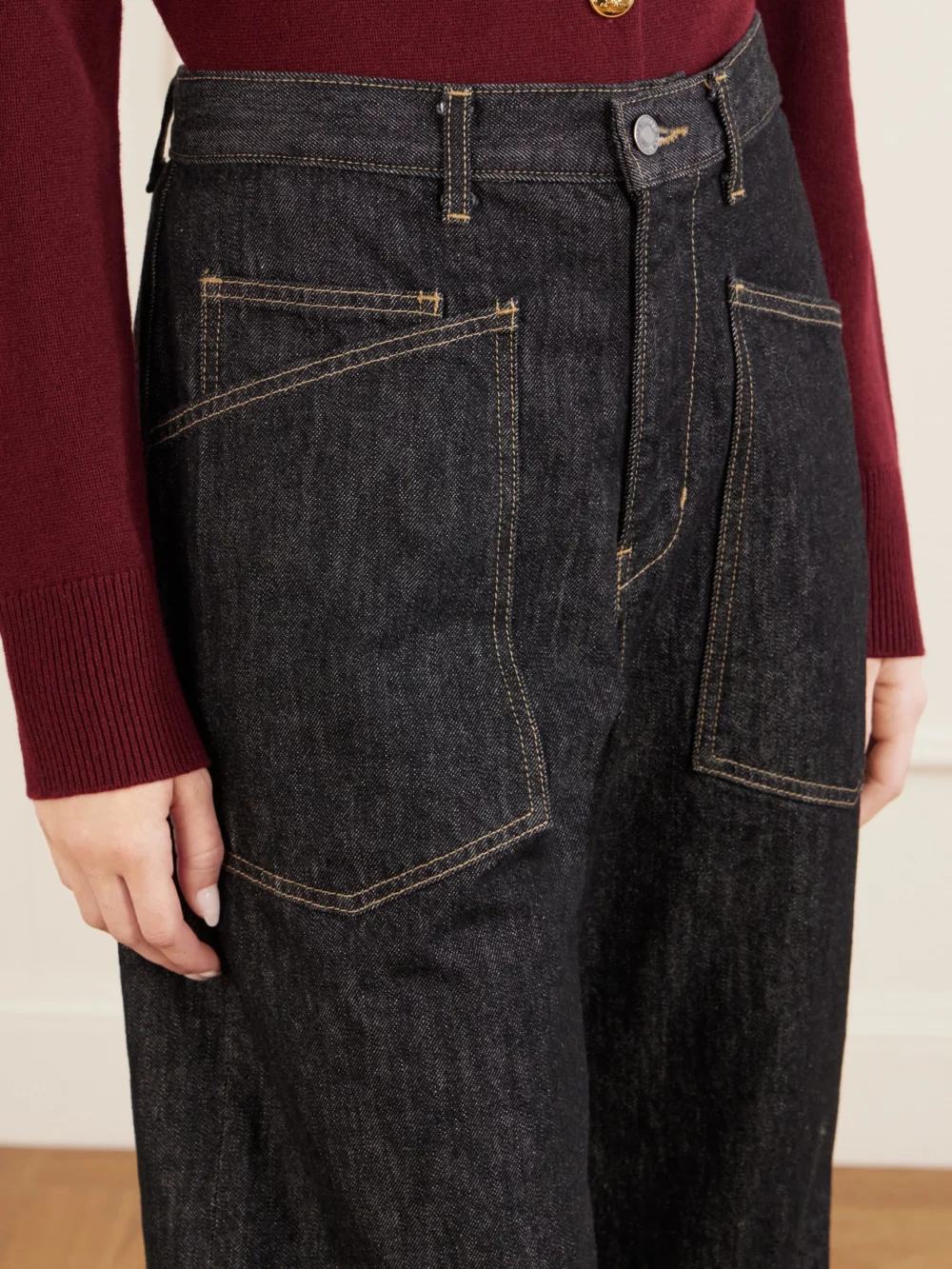 Close-up detail of the Nili Lotan Shon Mid Rise Barrel-leg Jeans
