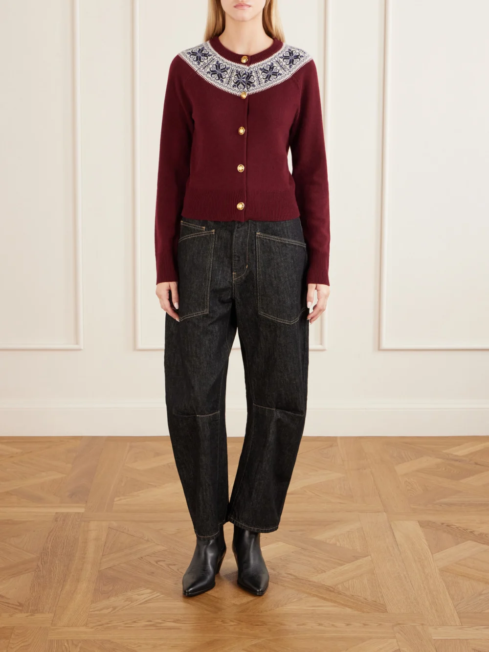 Nili Lotan Shon Mid Rise Barrel-leg Jeans, worn by a model