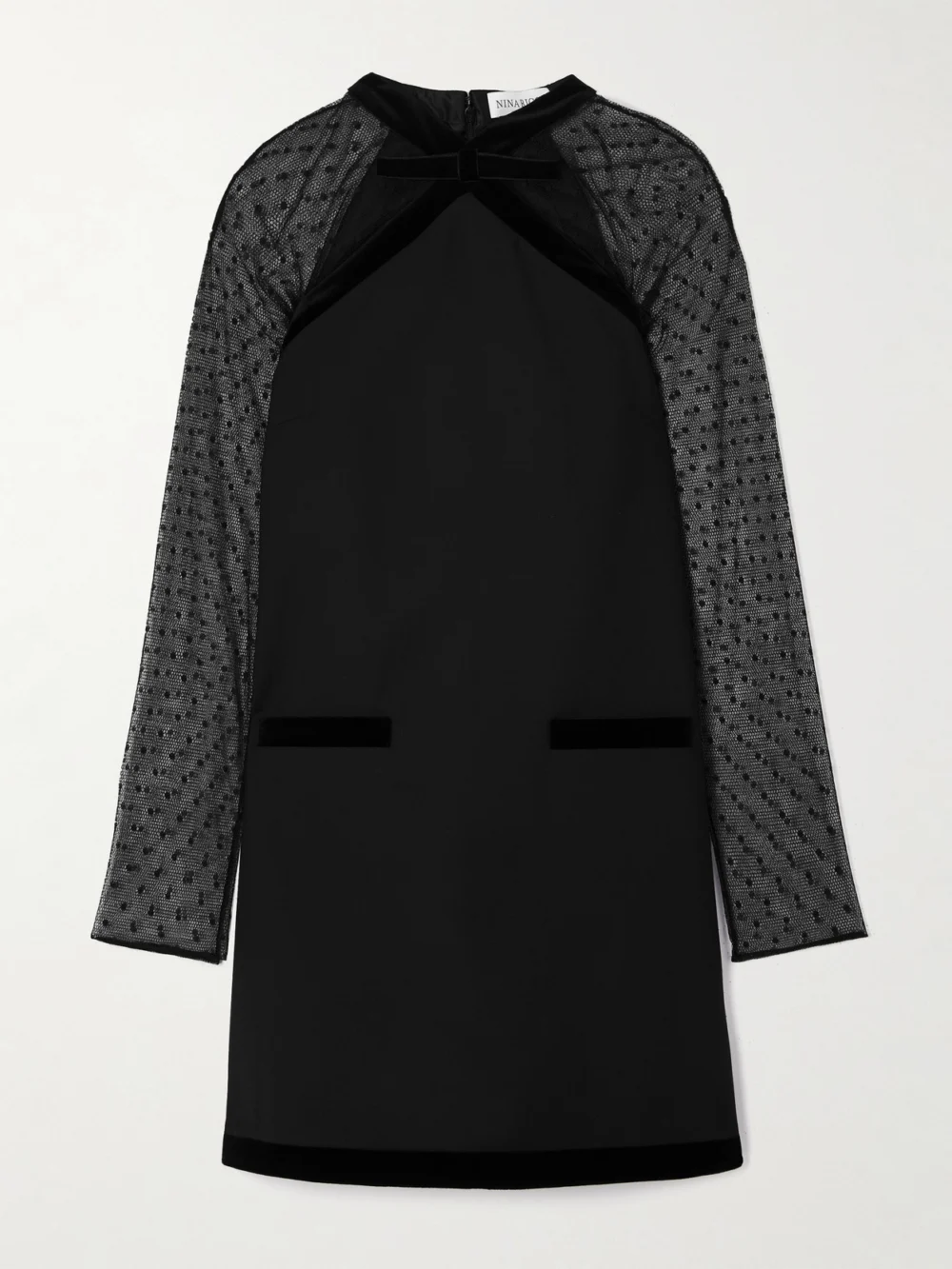 Nina Ricci Bow-detailed Velvet-trimmed Polka-dot Tulle and Wool-gabardine Mini Dress in black