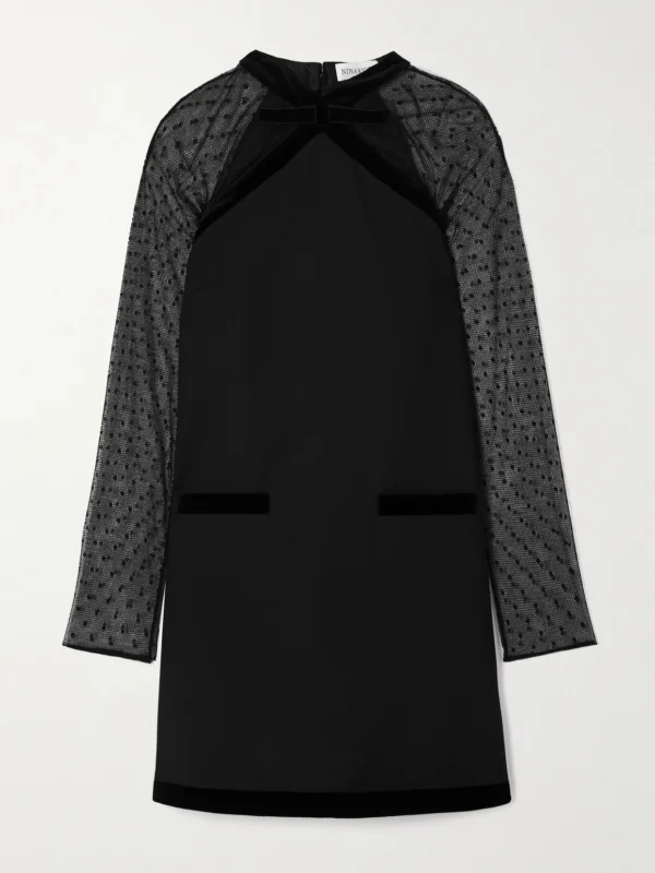 Nina Ricci Bow-detailed Velvet-trimmed Polka-dot Tulle and Wool-gabardine Mini Dress