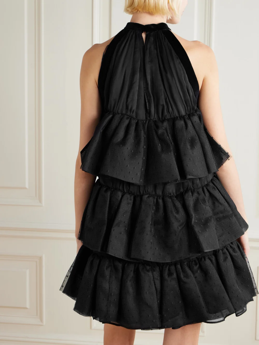 Back view of the Nina Ricci Halterneck Ruffled Crinkled Silk-chiffon and Polka-dot Mesh Mini Dress