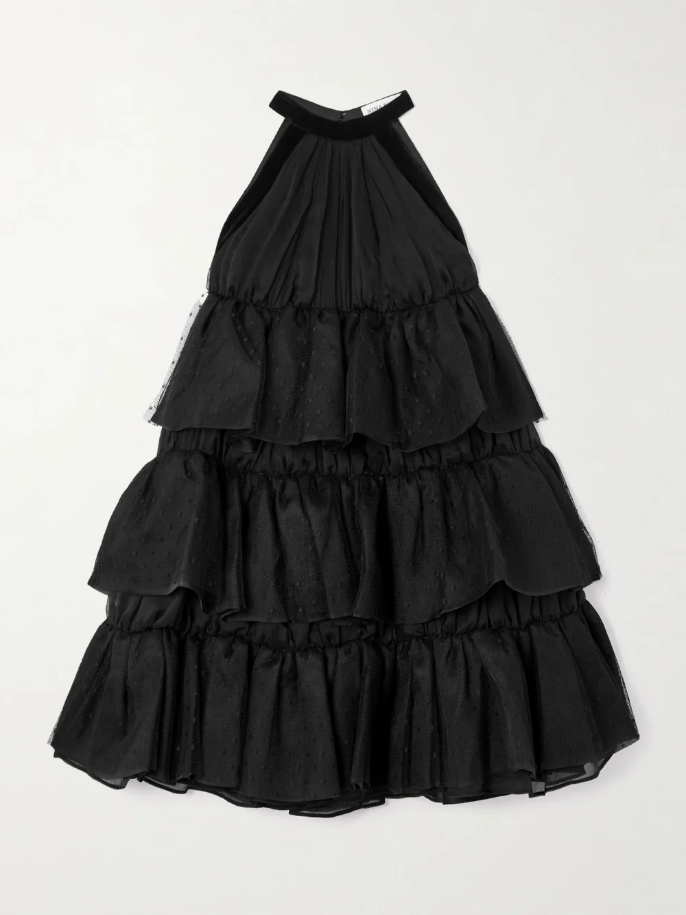 Nina Ricci Halterneck Ruffled Crinkled Silk-chiffon and Polka-dot Mesh Mini Dress in black