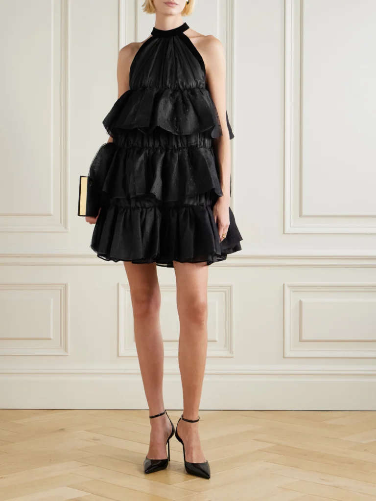 Nina Ricci Halterneck Ruffled Crinkled Silk-chiffon and Polka-dot Mesh Mini Dress