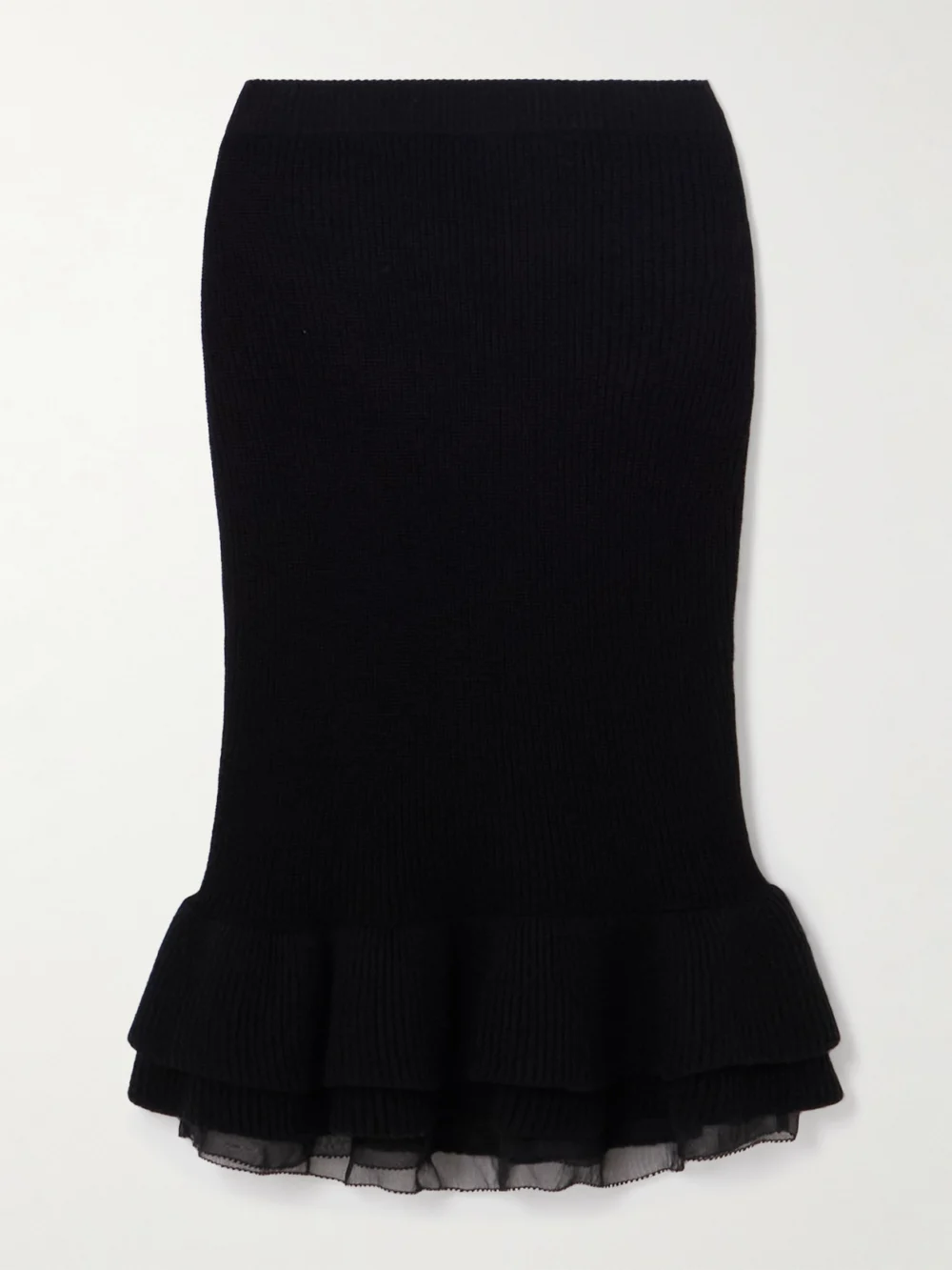 Nina Ricci Layered Ruffled Tulle-trimmed Ribbed Wool-blend Midi Skirt in black