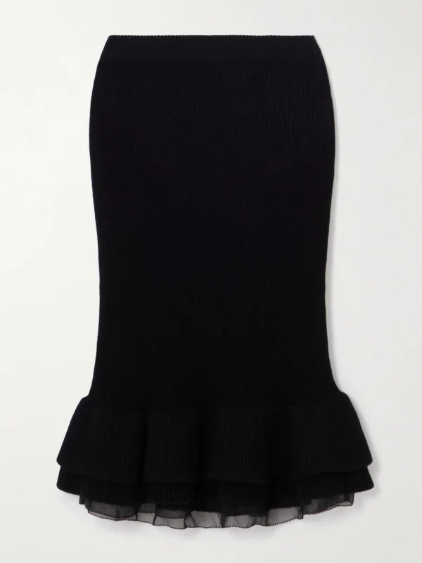 Nina Ricci Layered Ruffled Tulle-trimmed Ribbed Wool-blend Midi Skirt