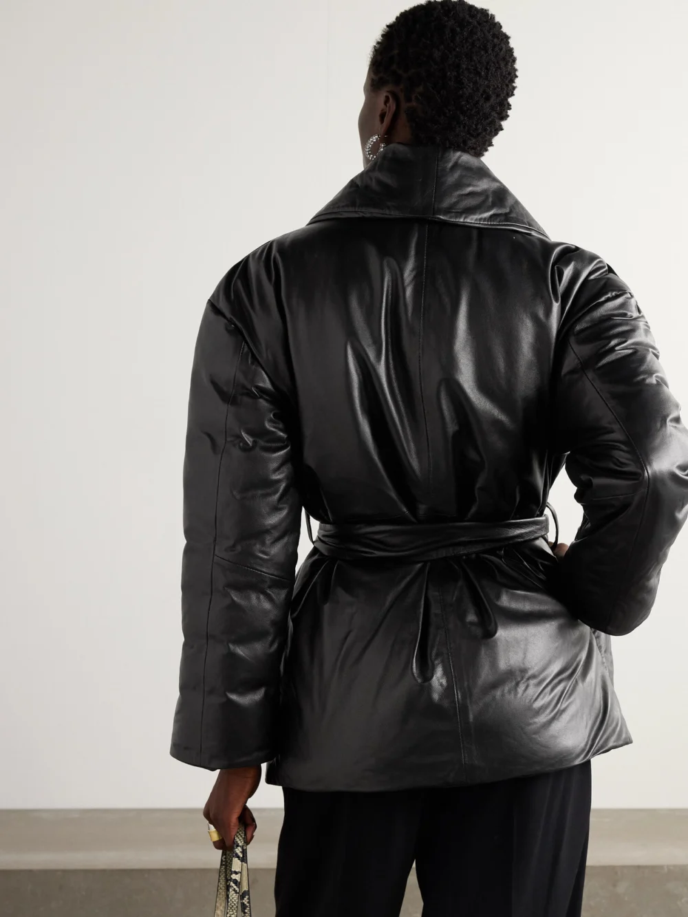 Back view of the Nour Hammour Cora Belted Padded Leather Coat