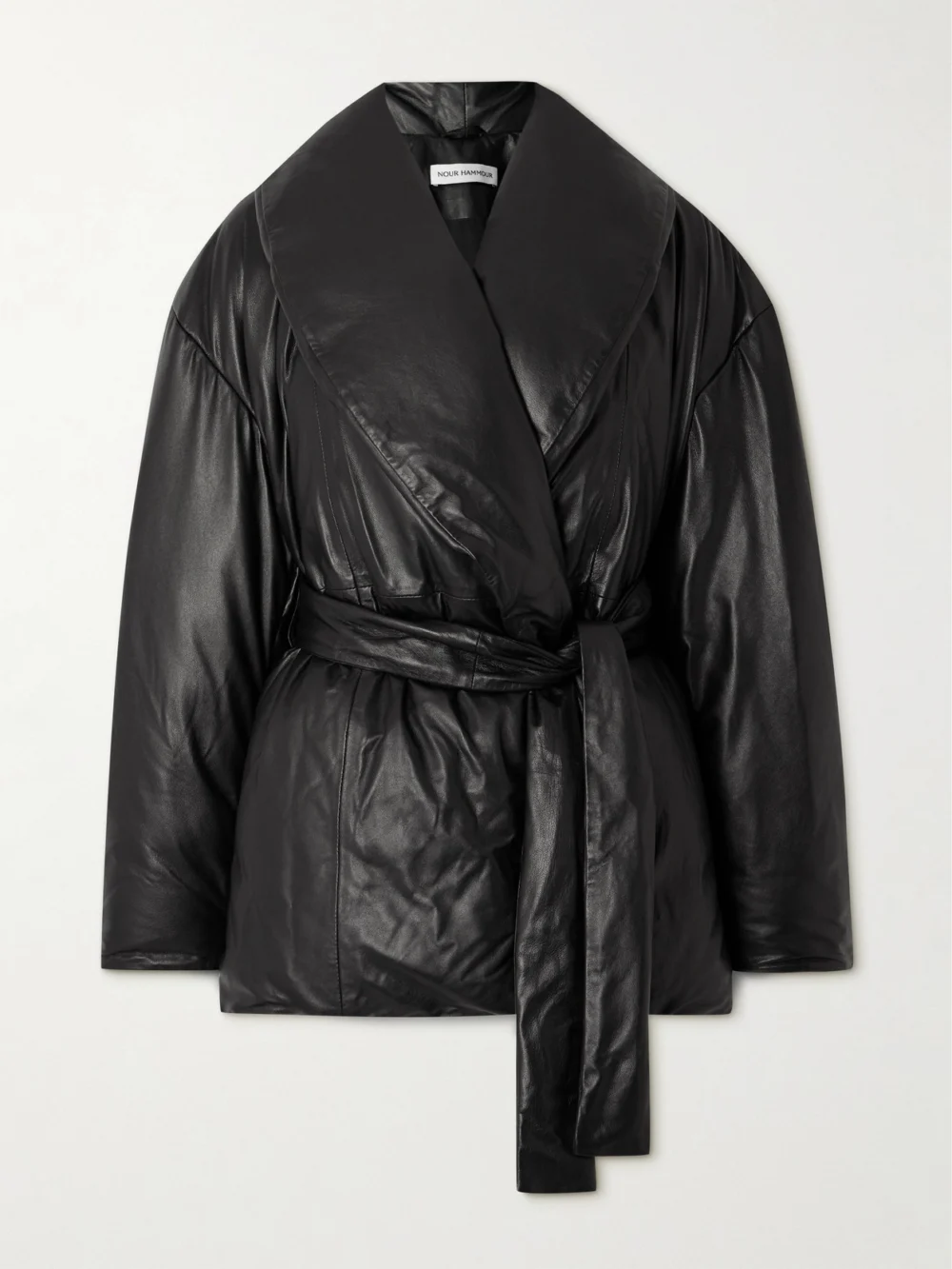 Nour Hammour Cora Belted Padded Leather Coat in black