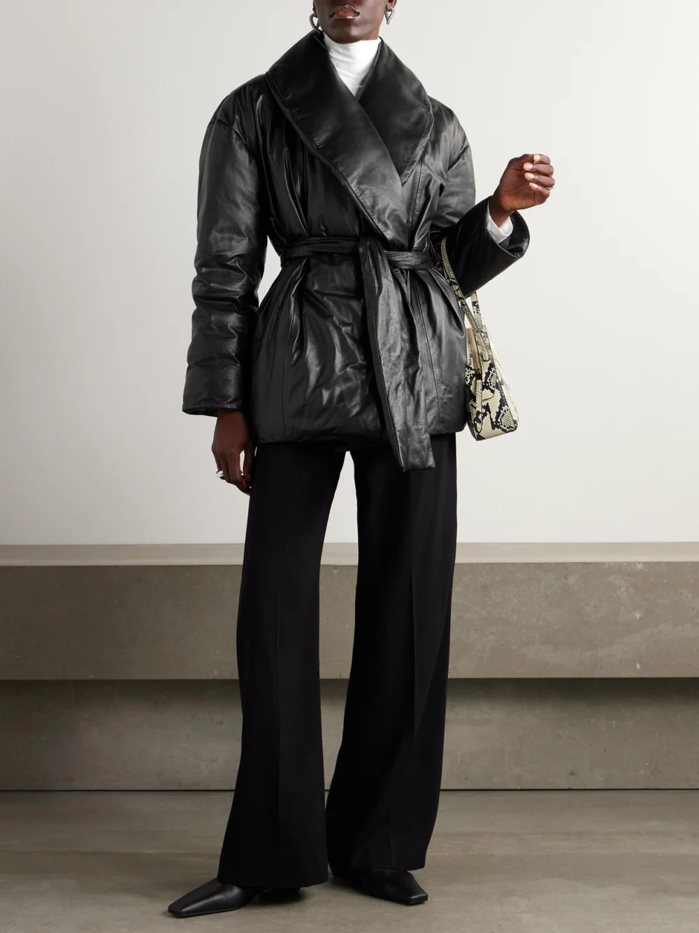 Nour Hammour Cora Belted Padded Leather Coat, worn by a model