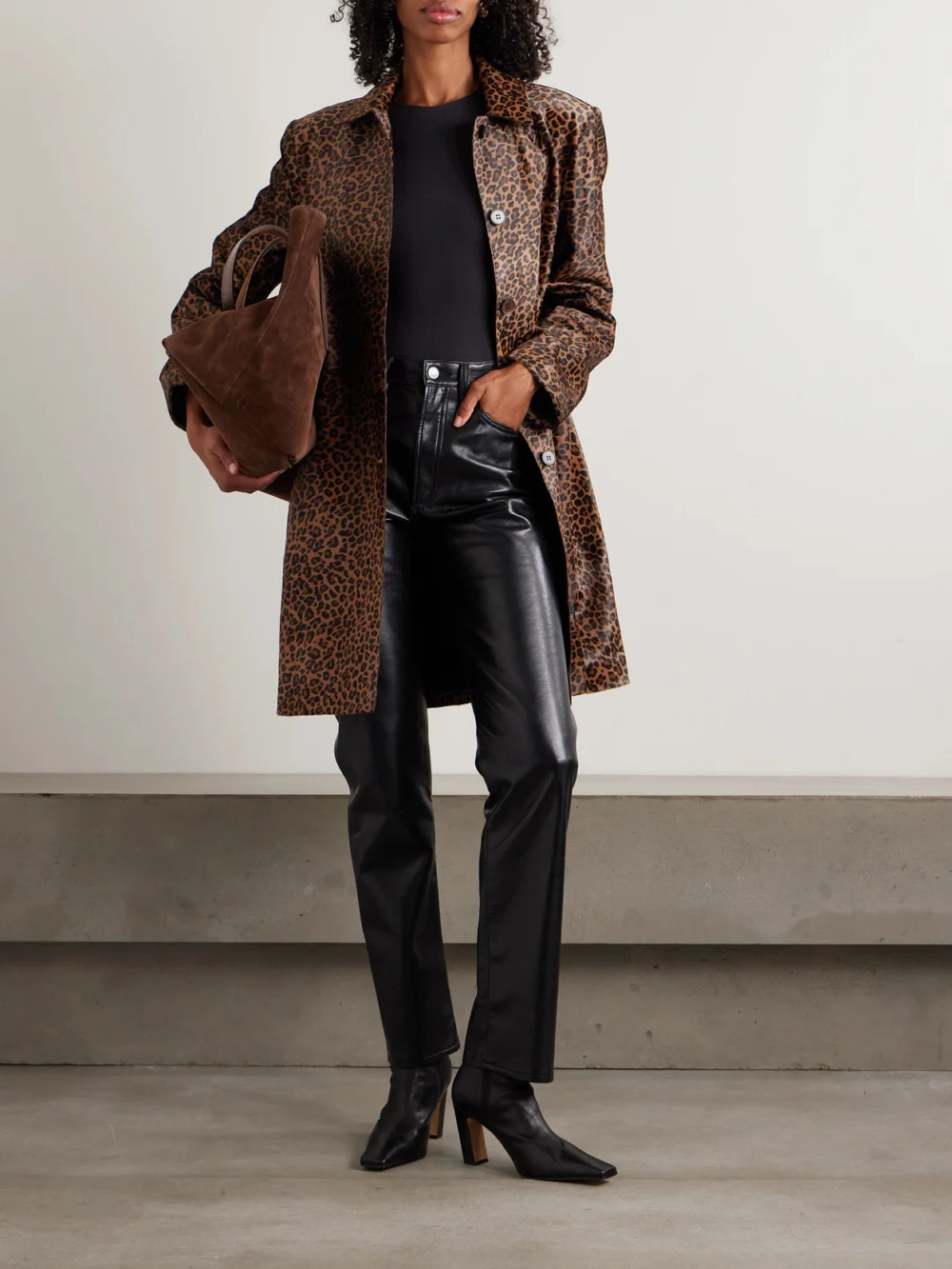 Nour Hammour Leopard-print Calf Hair Coat, worn by a model
