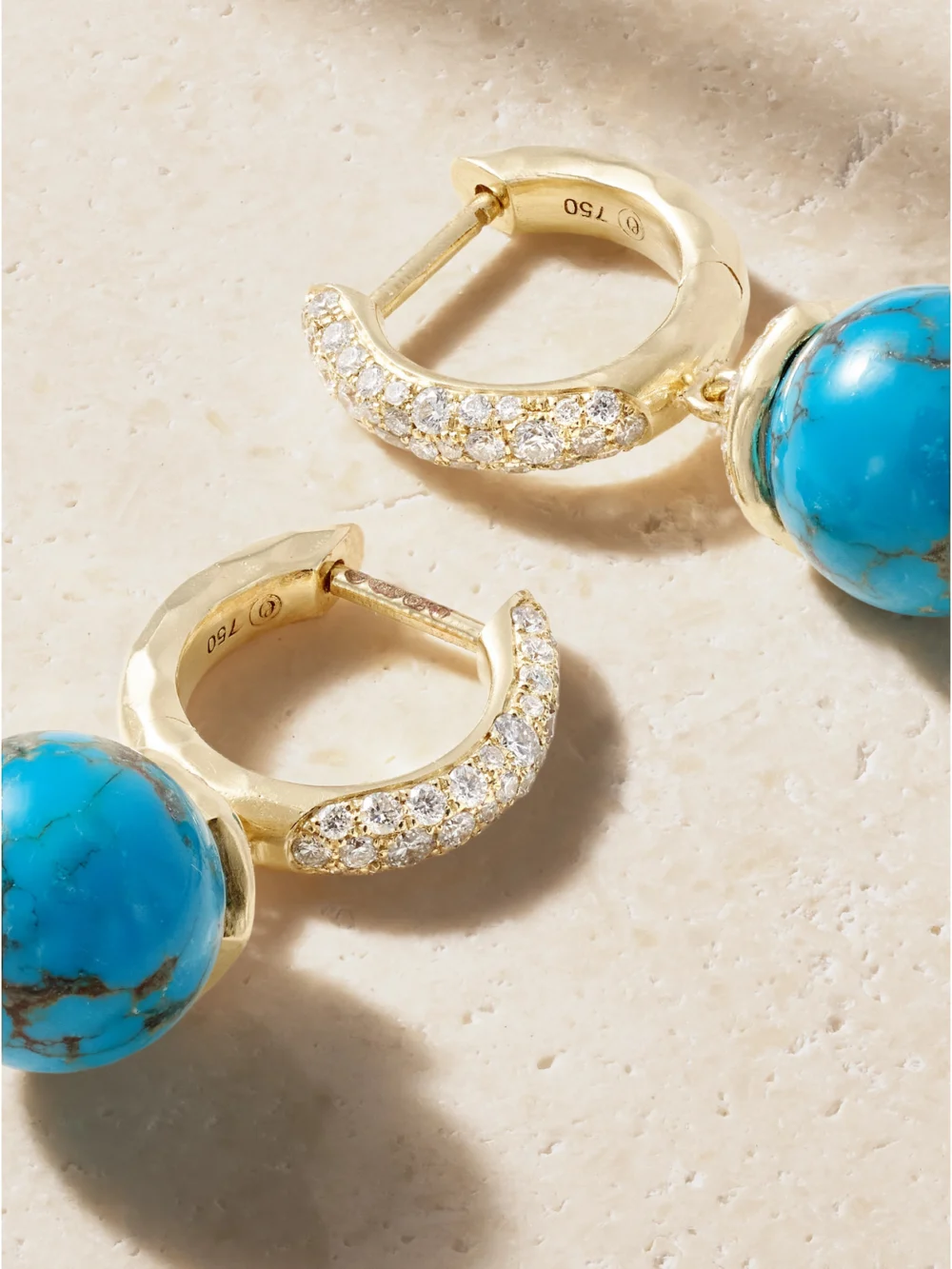 Close-up detail of the Octavia Elizabeth 18-karat Gold, Turquoise and Diamond Earrings