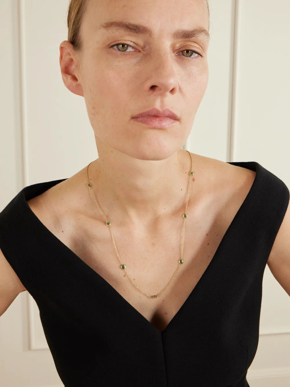 Octavia Elizabeth By the Pinch 18-karat Gold Emerald Necklace, styled view