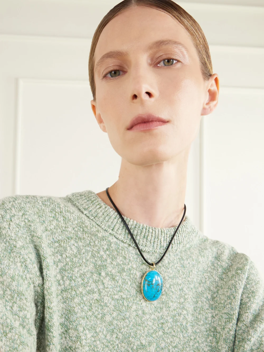 Octavia Elizabeth Jumbo Hidden Gem 18-karat Gold, Turquoise and Leather Necklace, styled view