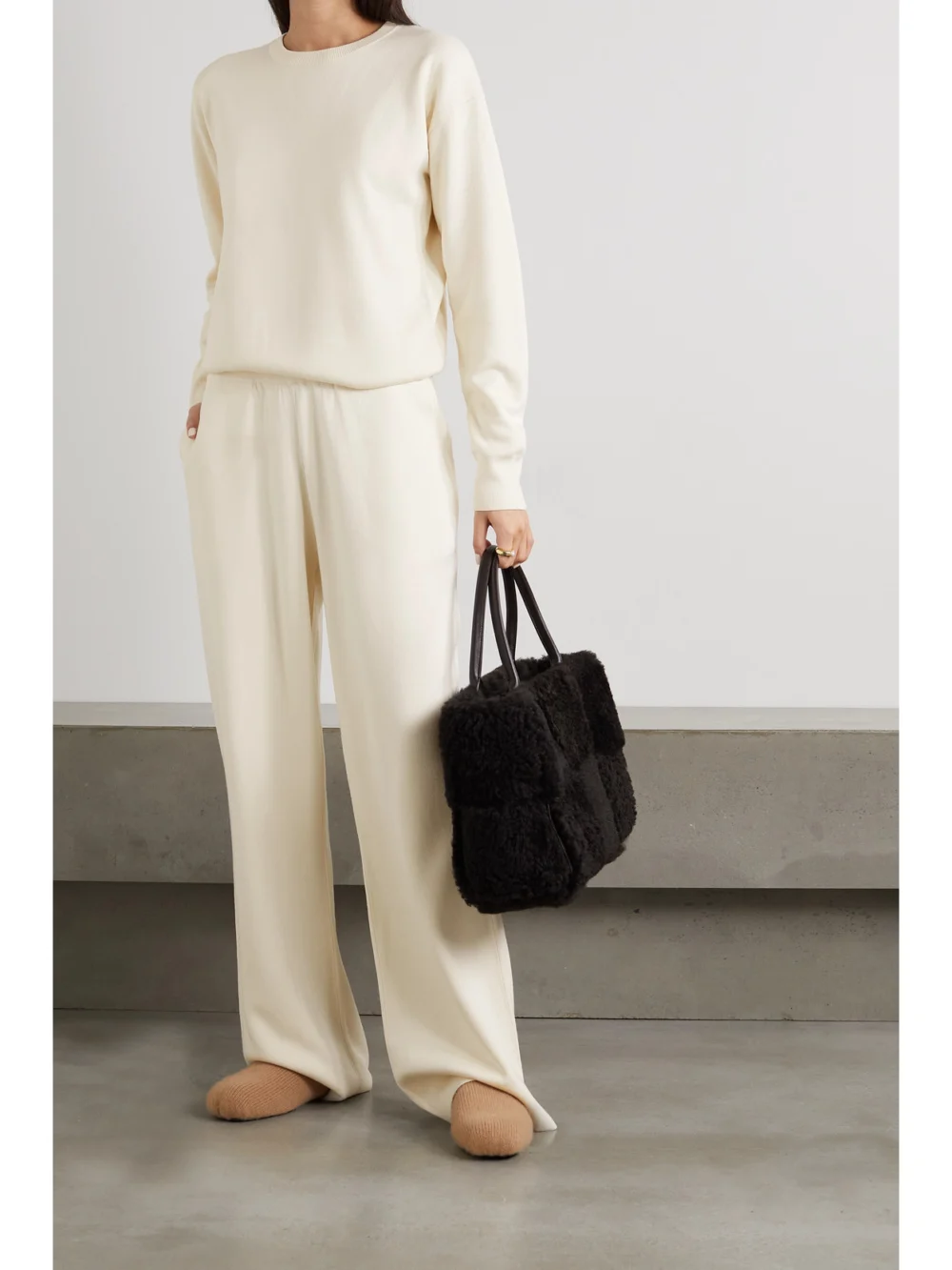 Olivia von Halle Carmel Silk and Cashmere-blend Sweatshirt and Track Pants Set, worn by a model