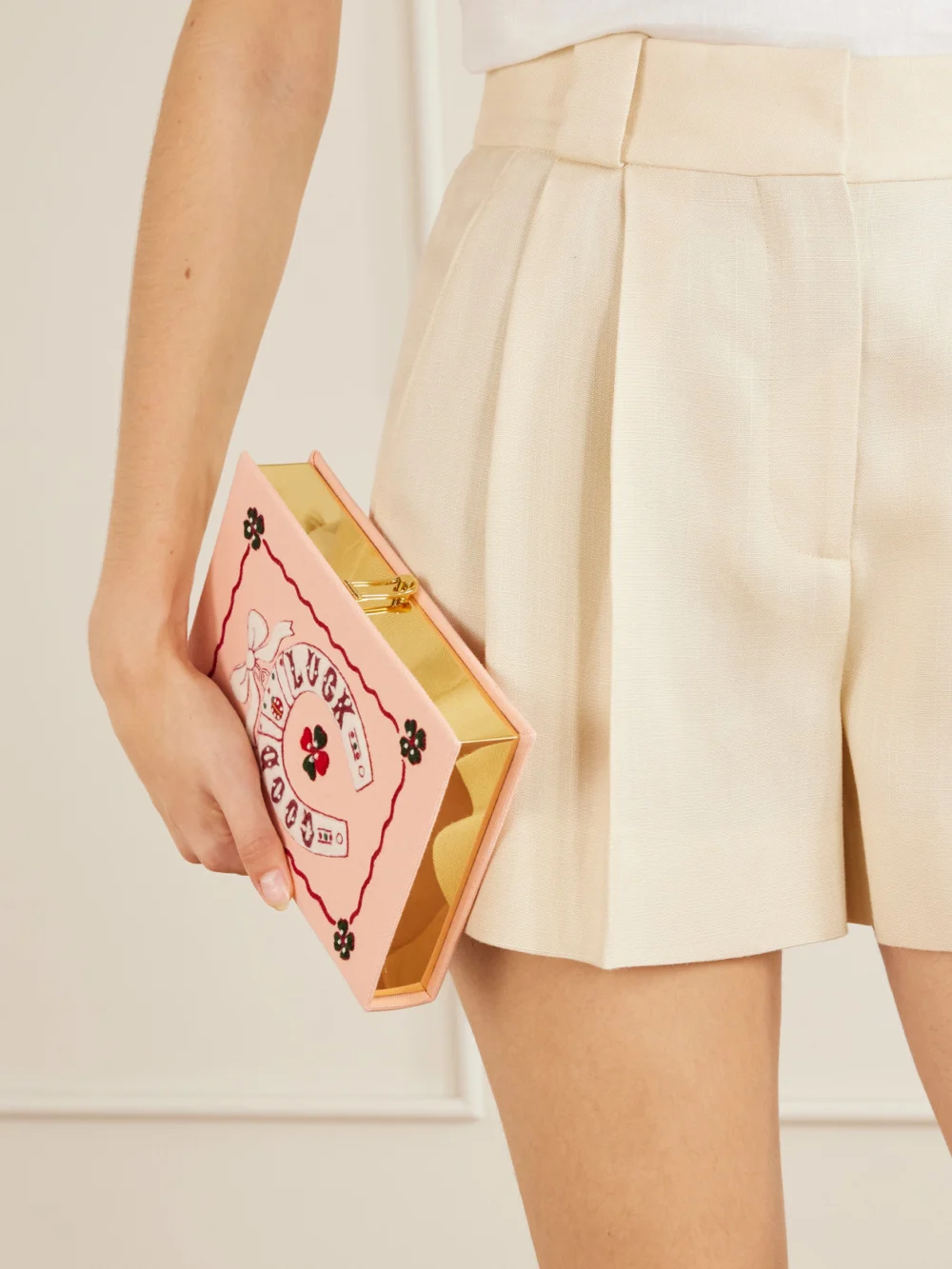 Olympia Le-Tan Good Luck Embroidered Canvas Clutch, styled view
