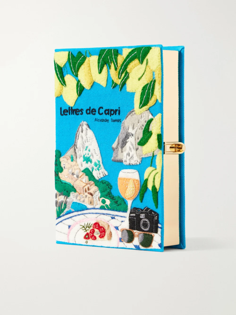 Olympia Le-Tan Lettres De Capri Embroidered Canvas Clutch in blue