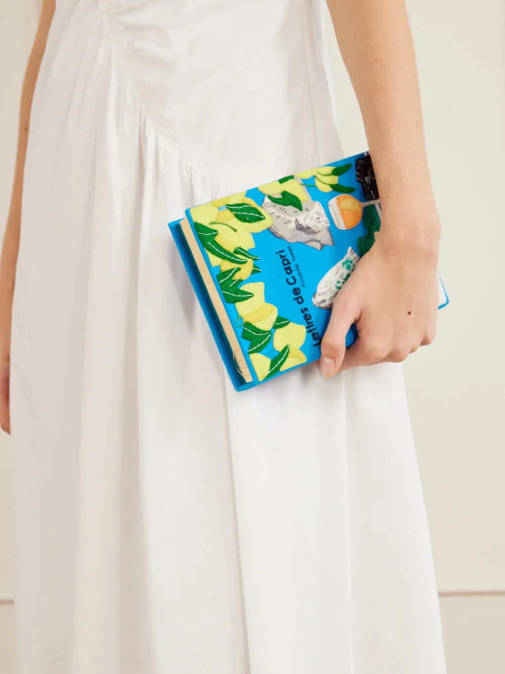 Olympia Le-Tan Lettres De Capri Embroidered Canvas Clutch, styled view