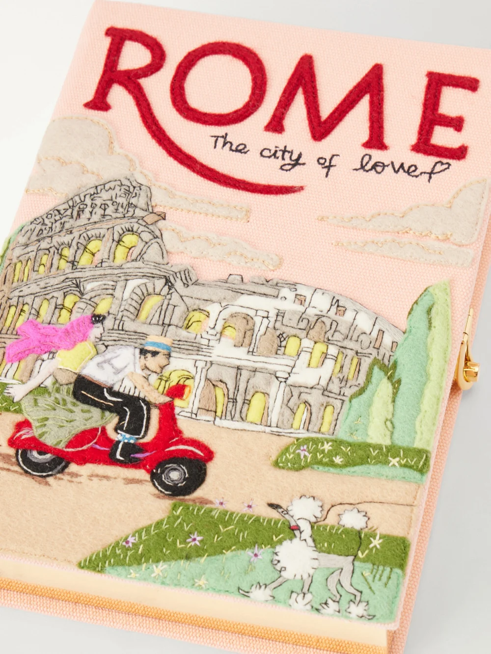 Close-up detail of the Olympia Le-Tan Rome Embroidered Canvas Clutch