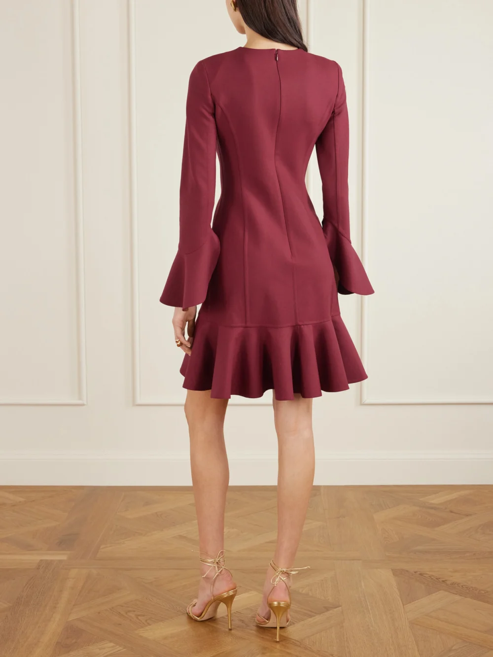 Back view of the Oscar de la Renta Asymmetric Ruffled Wool-blend Crepe Midi Dress