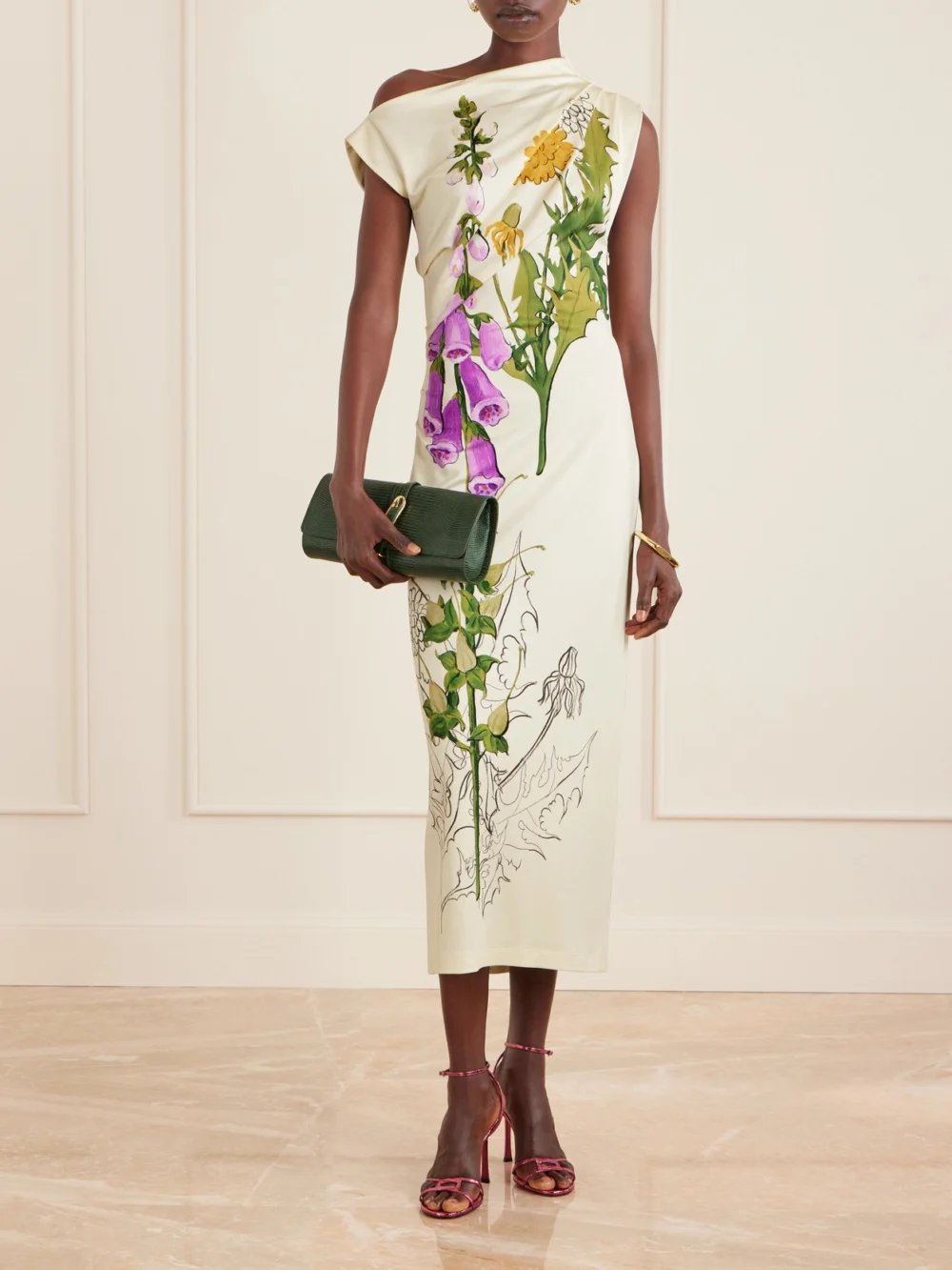 Oscar de la Renta Draped Printed Jersey Midi Dress, worn by a model